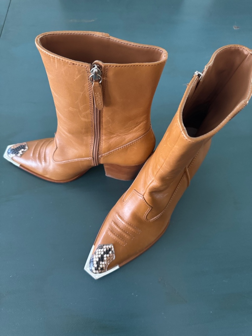 SCHUTZ Tan Leather Western Boots with Embellished Metal Toe